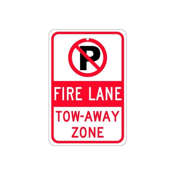NMC Traffic Sign, No Parking Fire Lane Tow-Away Zone, 18in X 12in, White